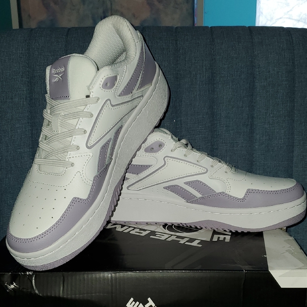 Reebok Women's White and Lavender Sneakers above the rim